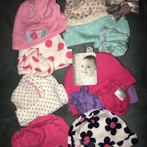Newborn infant hats, mittens, and socks